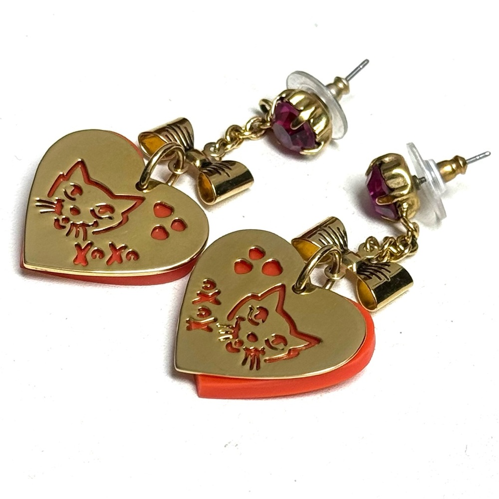 Betsey Johnson Heart Cat Dangle Earrings Gold & Orange Rare XOXO - Picture 8 of 8